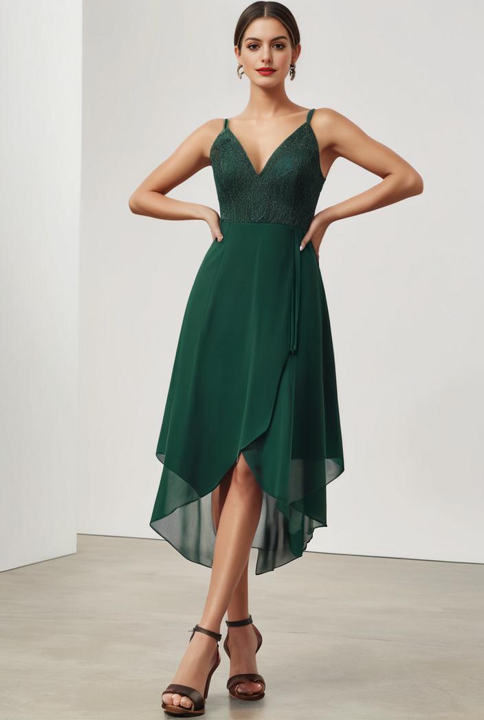 deep v neck lace chiffon bridesmaid dress with asymmetrical hem 101776