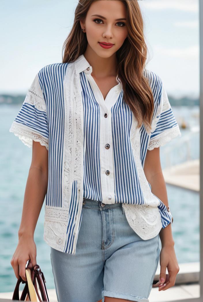 v neck thin loose plaid short sleeved blouse 121531