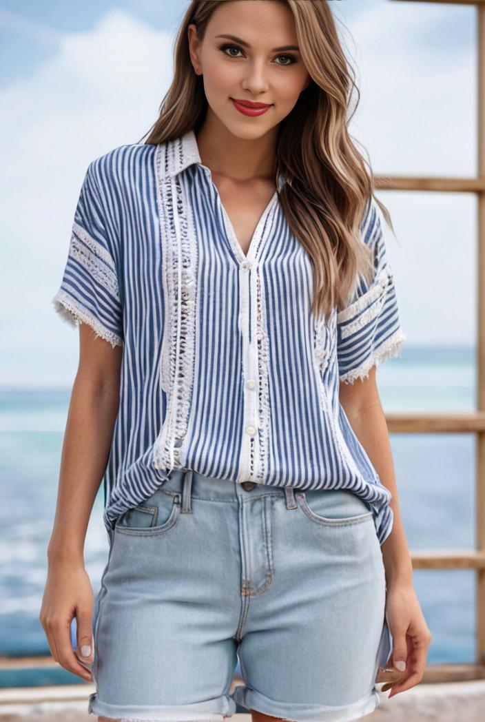 v neck thin loose plaid short sleeved blouse 121533