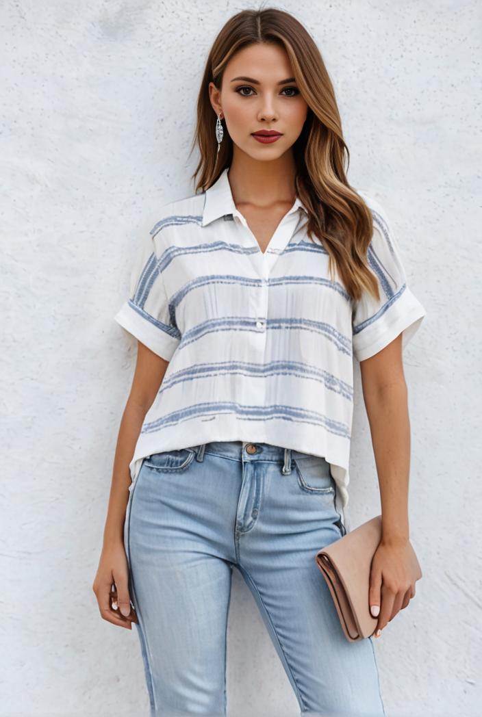 v neck thin loose plaid short sleeved blouse 121534