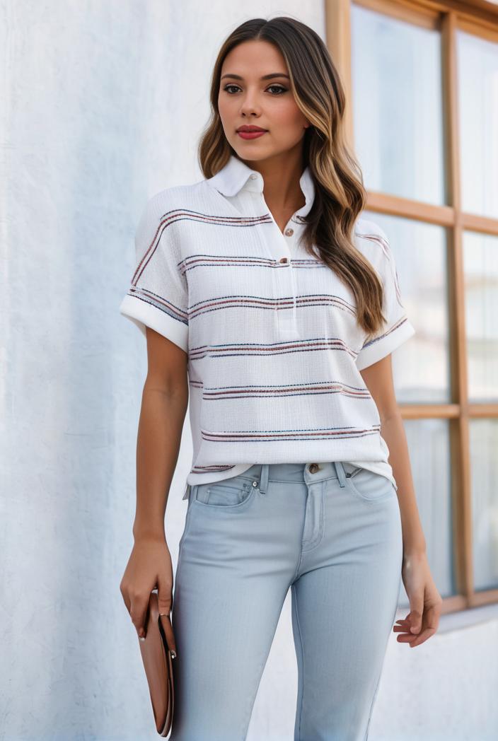 v neck thin loose plaid short sleeved blouse 121544