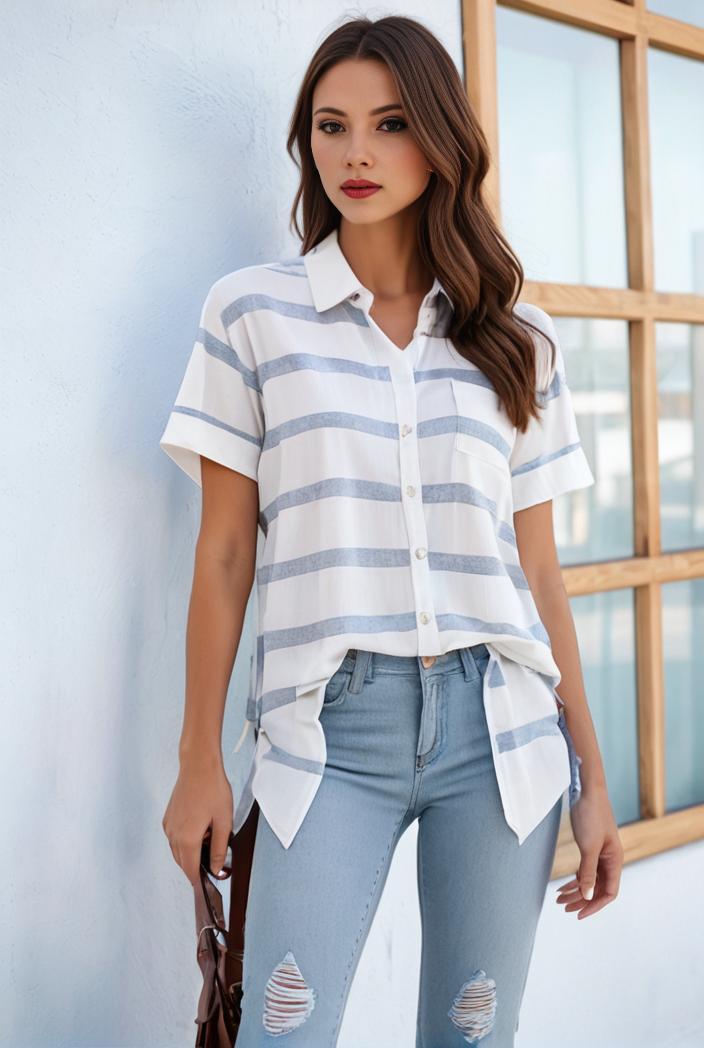 v neck thin loose plaid short sleeved blouse 121547
