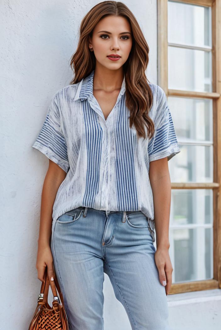 v neck thin loose plaid short sleeved blouse 121549
