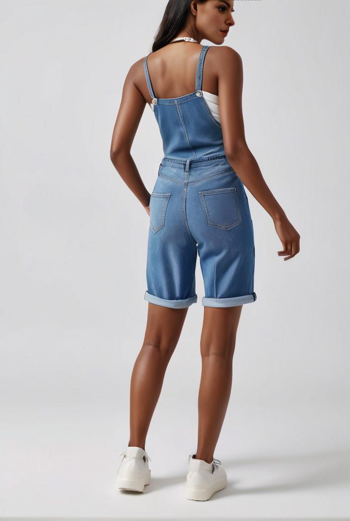 blue denim jumpsuit with distressed ripped details for women 139118