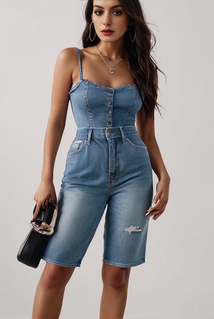 blue denim jumpsuit with distressed ripped details for women 139130