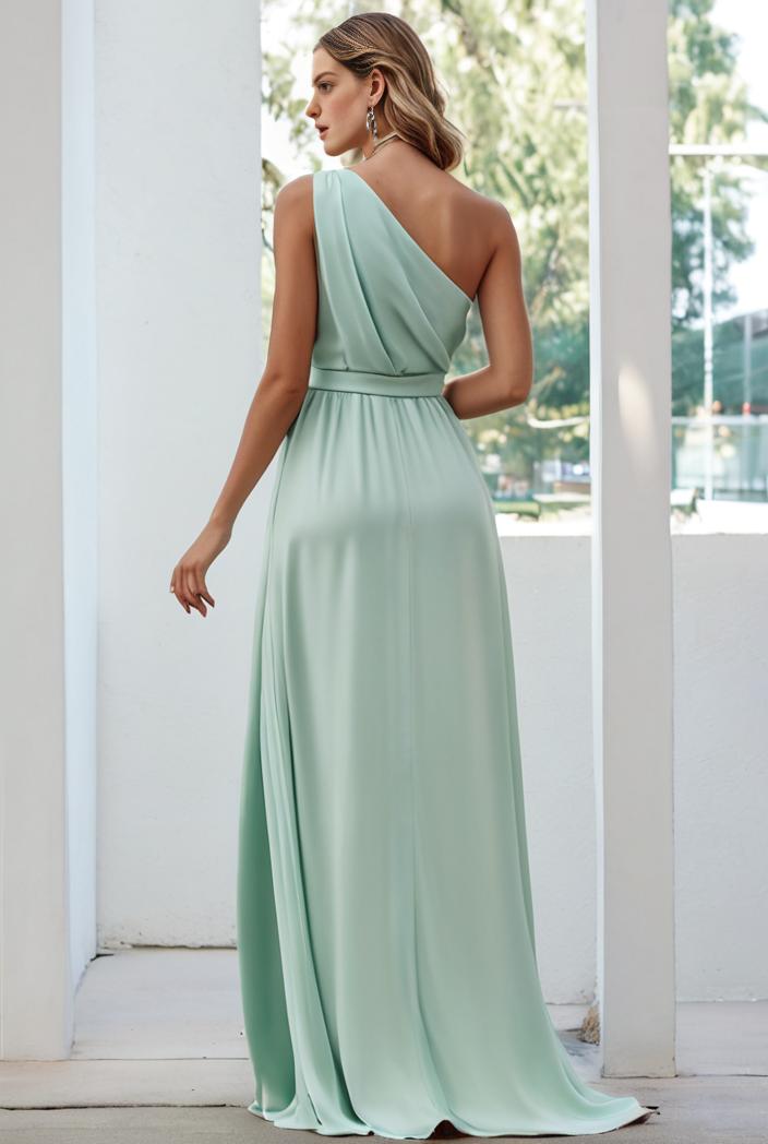 flowy chiffon one shoulder with three straps bridesmaid dress 105504