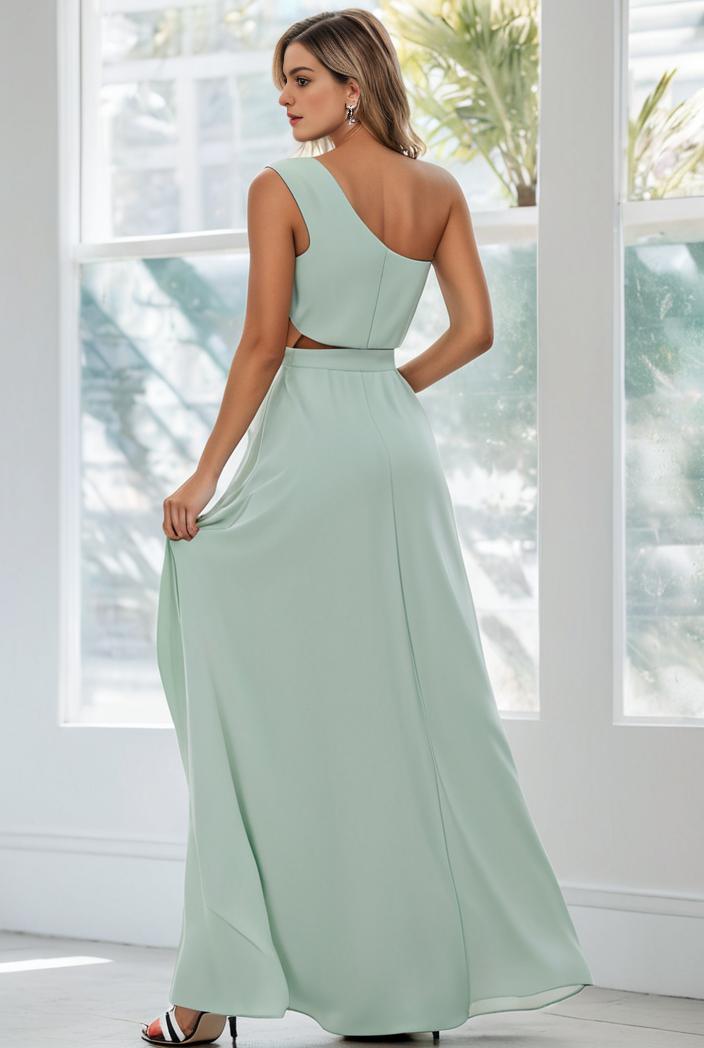 flowy chiffon one shoulder with three straps bridesmaid dress 105507