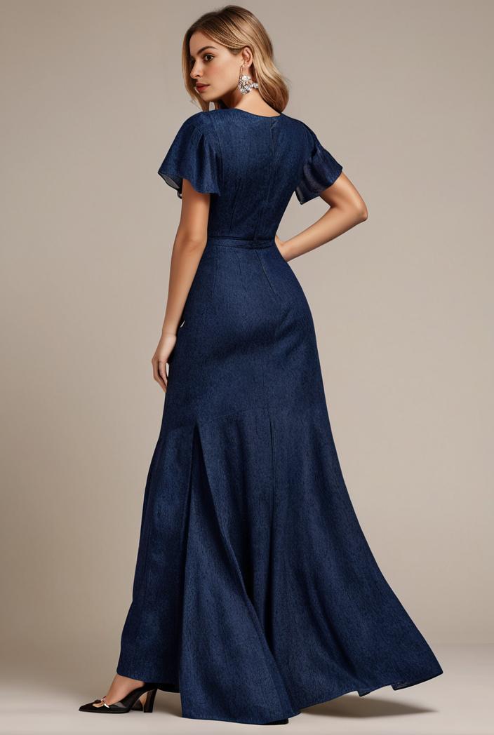 glitter high low front side slit ruffled v neck evening dress 105633