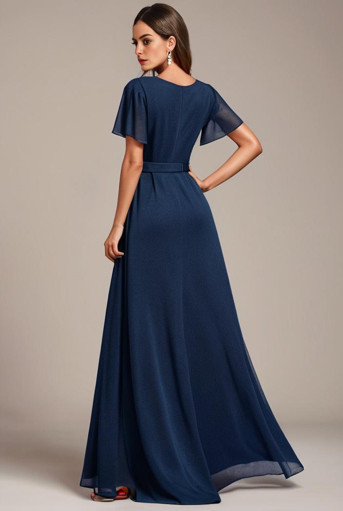 glitter high low front side slit ruffled v neck evening dress 105634