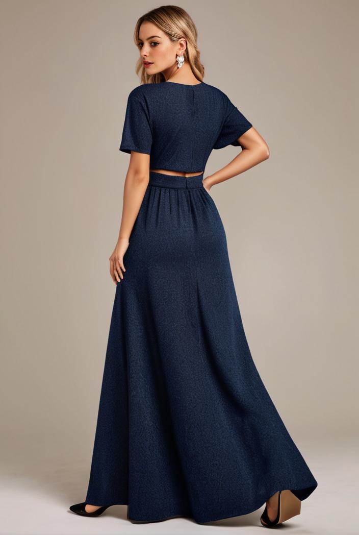 glitter high low front side slit ruffled v neck evening dress 105637