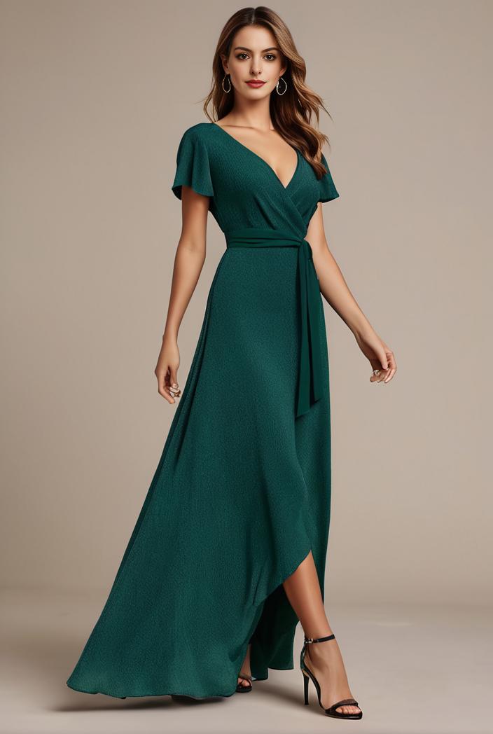 glitter high low front side slit ruffled v neck evening dress 105641
