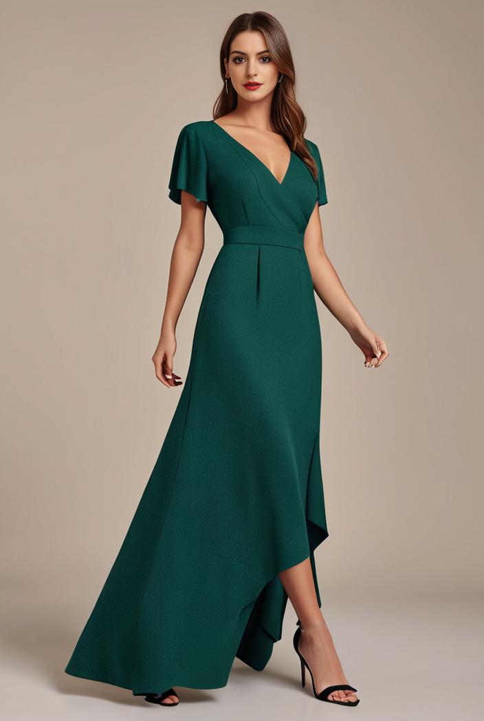 glitter high low front side slit ruffled v neck evening dress 105642