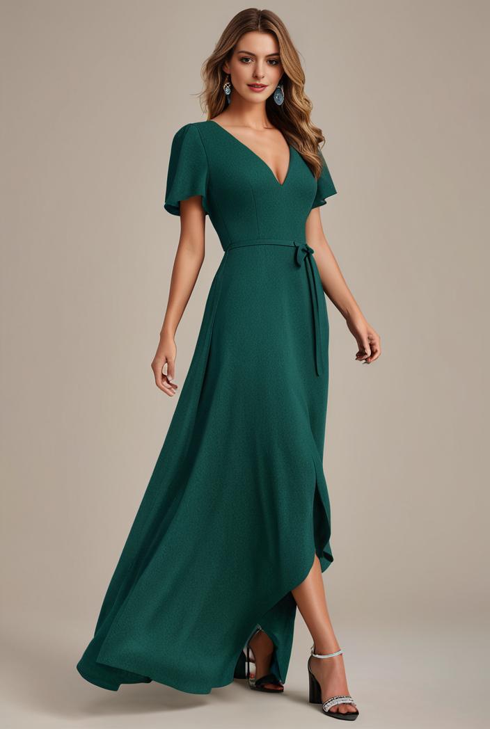 glitter high low front side slit ruffled v neck evening dress 105643