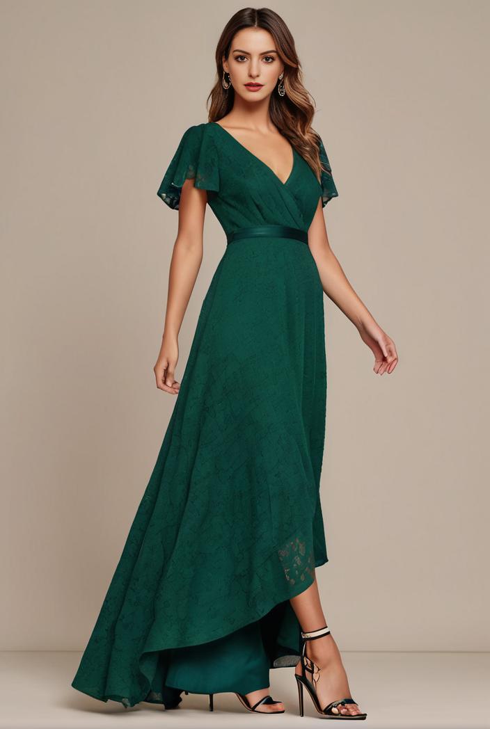 glitter high low front side slit ruffled v neck evening dress 105644