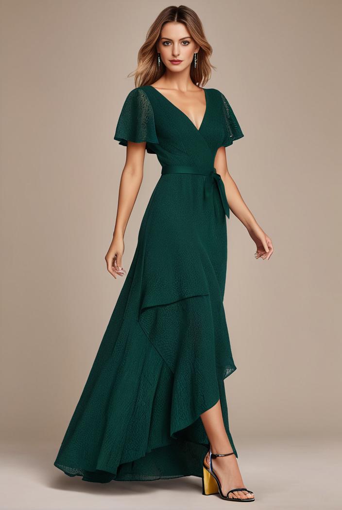 glitter high low front side slit ruffled v neck evening dress 105645