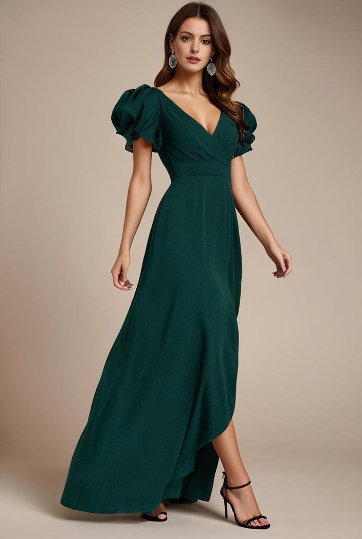 glitter high low front side slit ruffled v neck evening dress 105647