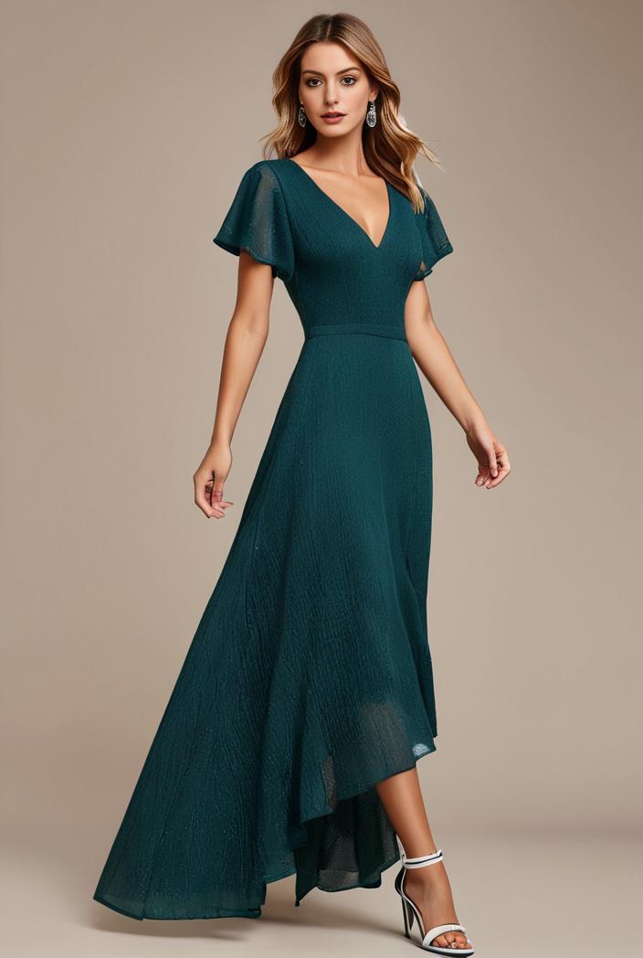glitter high low front side slit ruffled v neck evening dress 105656
