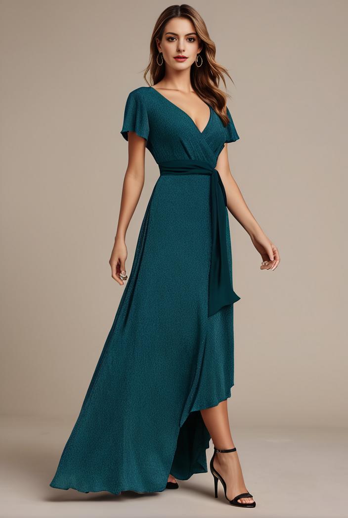 glitter high low front side slit ruffled v neck evening dress 105657