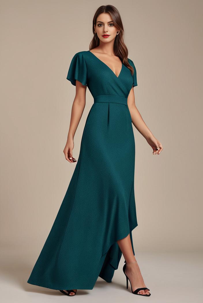 glitter high low front side slit ruffled v neck evening dress 105658