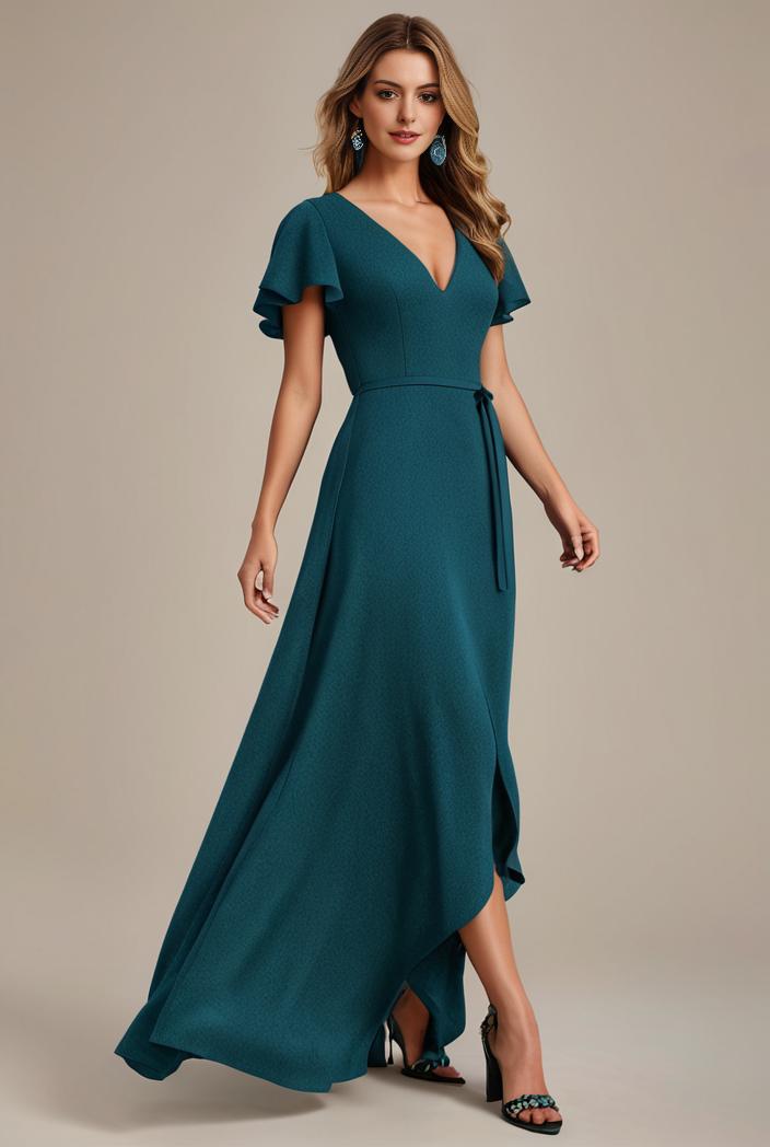 glitter high low front side slit ruffled v neck evening dress 105659