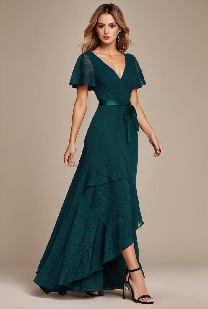 glitter high low front side slit ruffled v neck evening dress 105661
