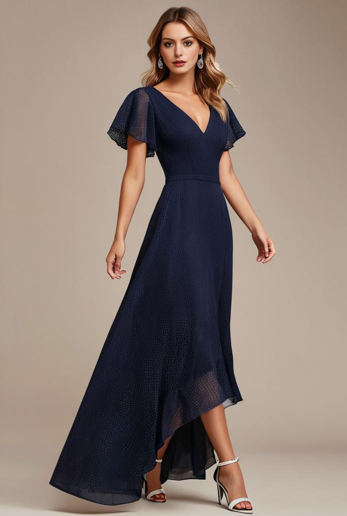 glitter high low front side slit ruffled v neck evening dress 105664