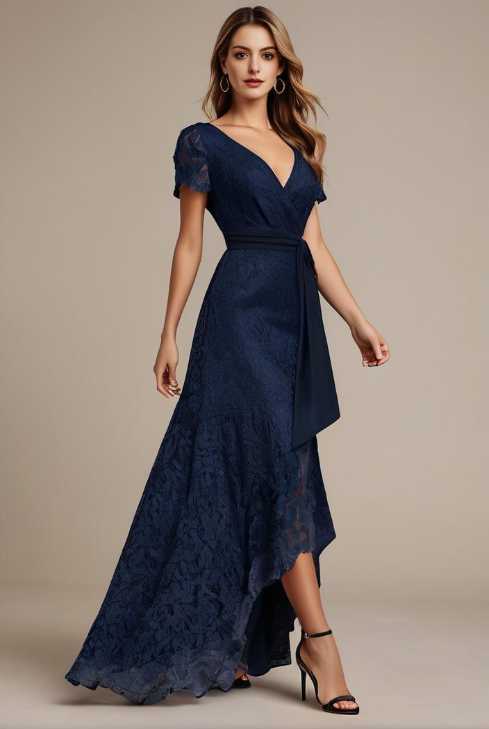 glitter high low front side slit ruffled v neck evening dress 105665