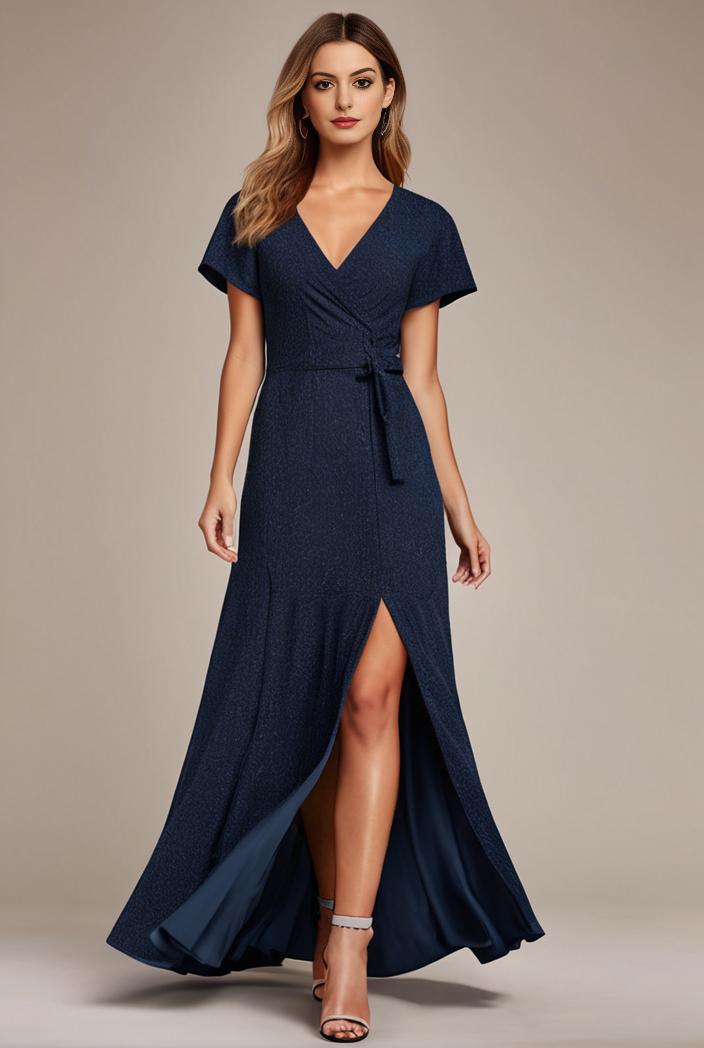 glitter high low front side slit ruffled v neck evening dress 105677