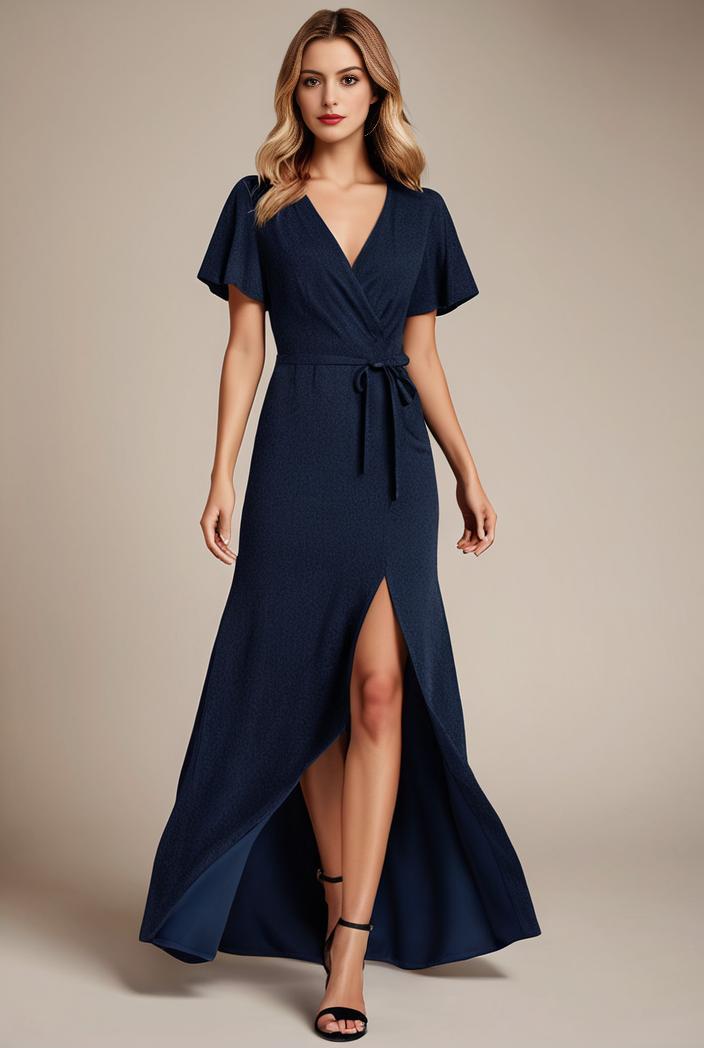 glitter high low front side slit ruffled v neck evening dress 105679