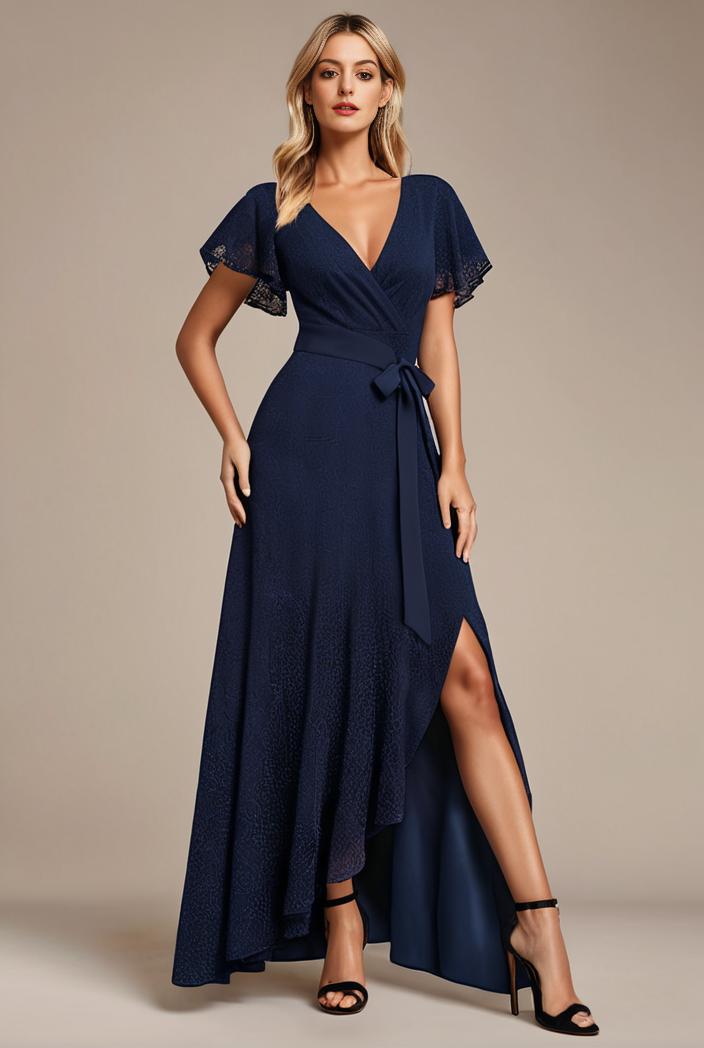 glitter high low front side slit ruffled v neck evening dress 105696
