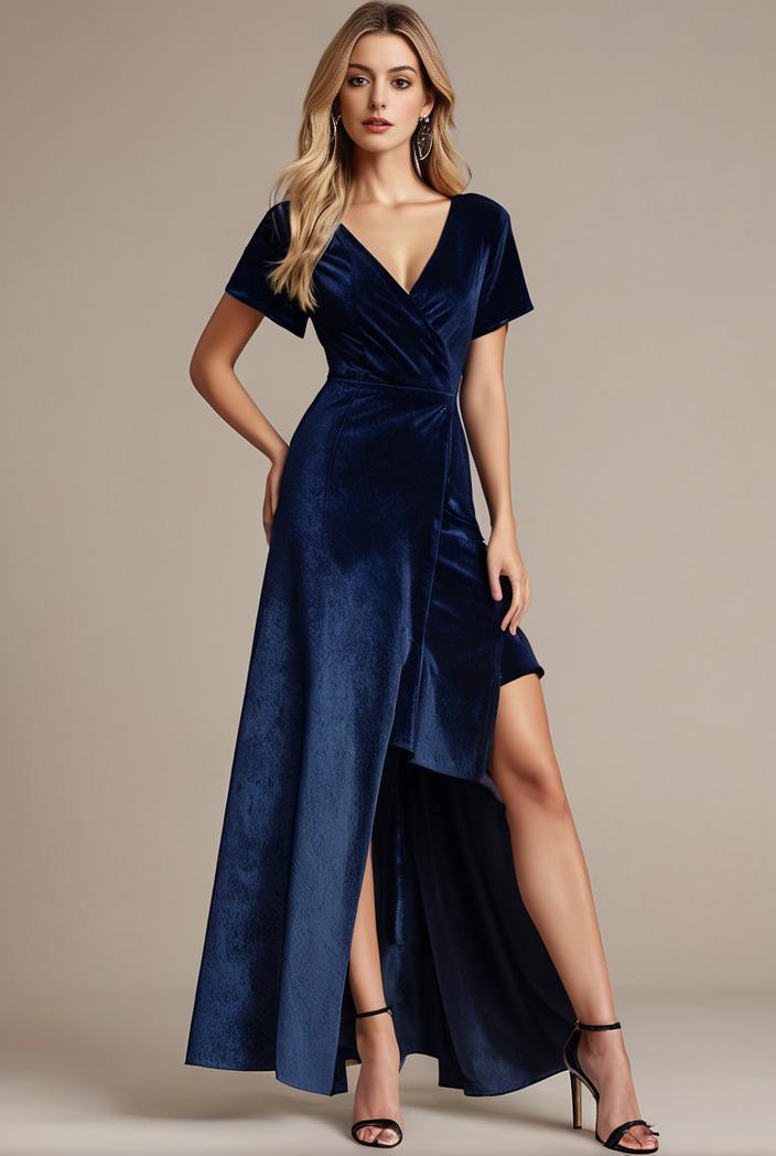 glitter high low front side slit ruffled v neck evening dress 105697