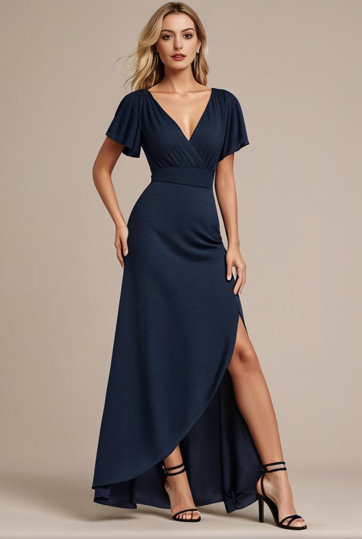 glitter high low front side slit ruffled v neck evening dress 105700