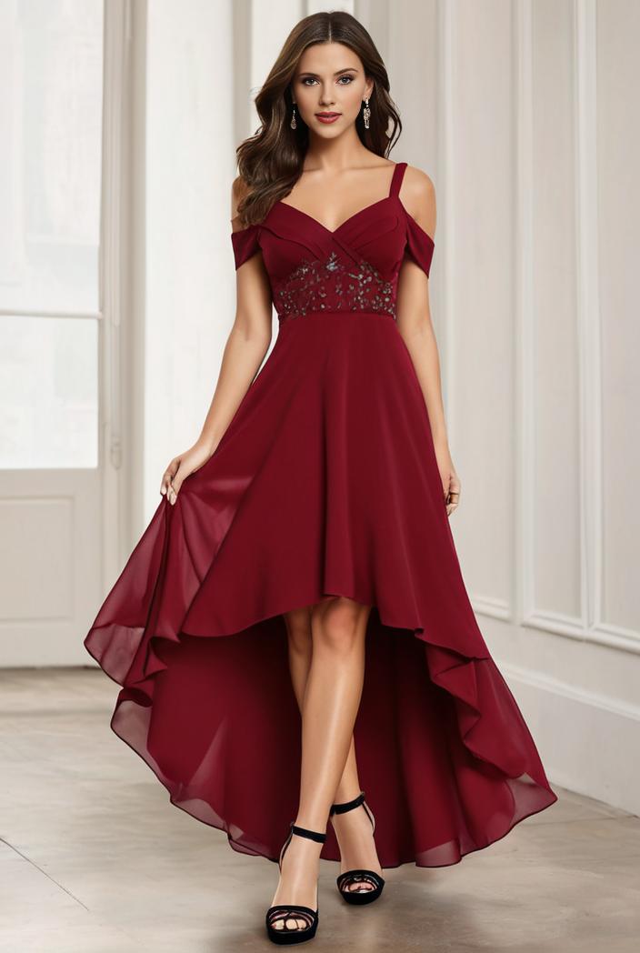 3 4 sleeve sheer sequin stripe high low hem evening dress 125251