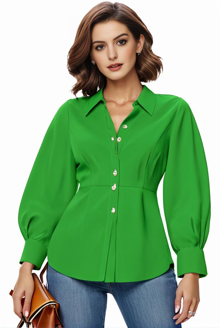 plus size casual blouse women s plus solid button up lantern sleeve turn down collar nipped waist blouse 108610