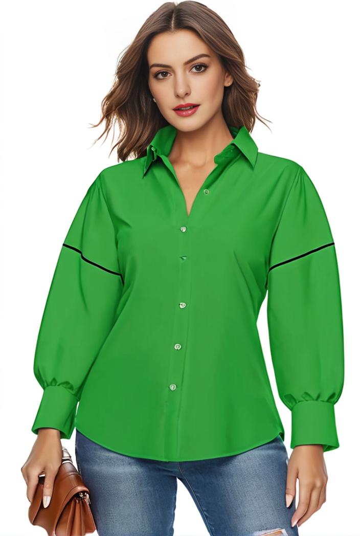 plus size casual blouse women s plus solid button up lantern sleeve turn down collar nipped waist blouse 108611