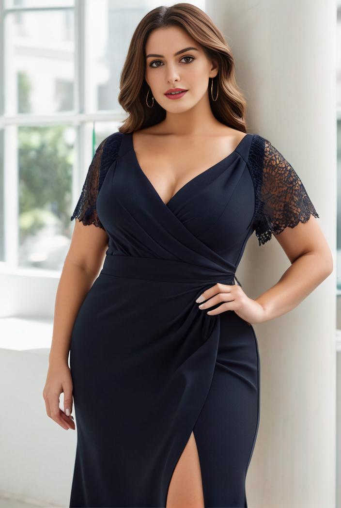 plus size front slit short sleeve with sequin mother of the bride dress 109408