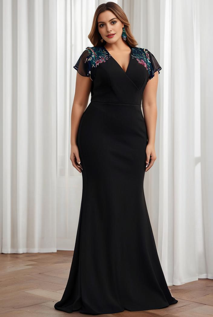 plus size front slit short sleeve with sequin mother of the bride dress 109412