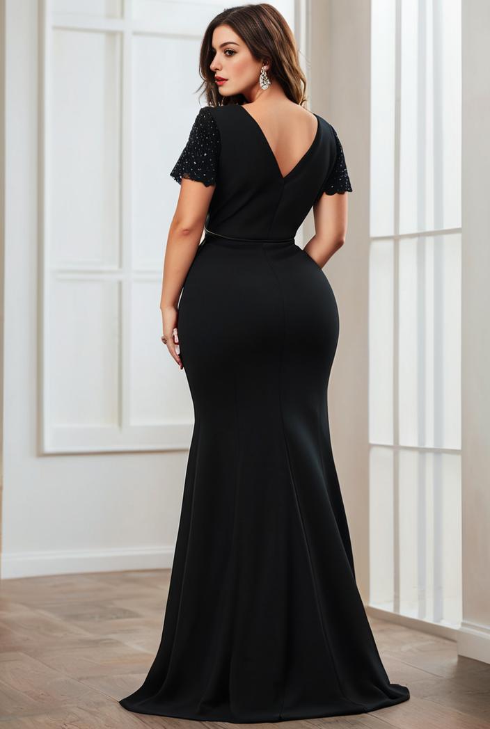plus size front slit short sleeve with sequin mother of the bride dress 109415