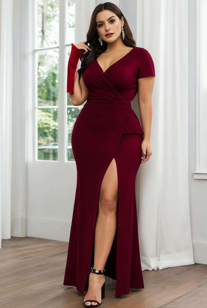 plus size front slit short sleeve with sequin mother of the bride dress 109438
