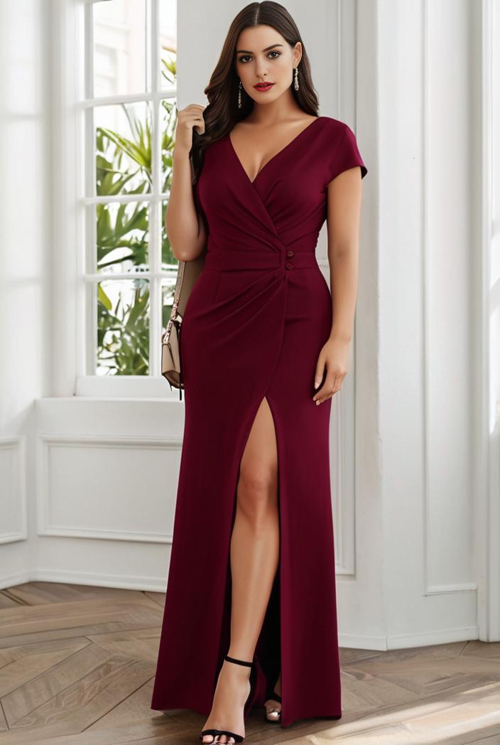 plus size front slit short sleeve with sequin mother of the bride dress 109439