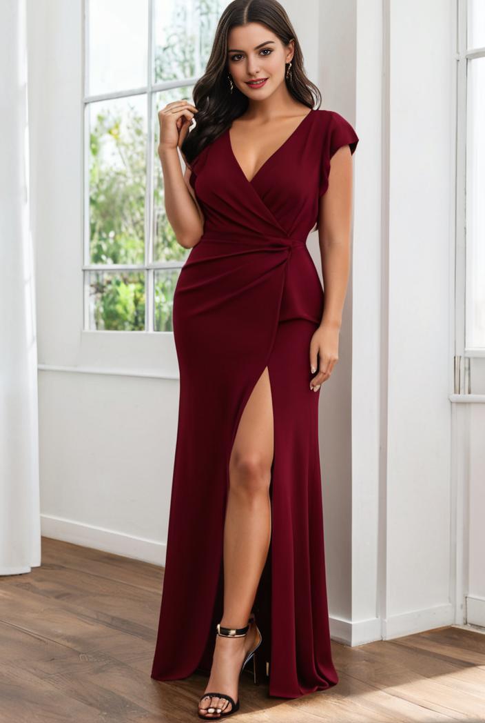 plus size front slit short sleeve with sequin mother of the bride dress 109441