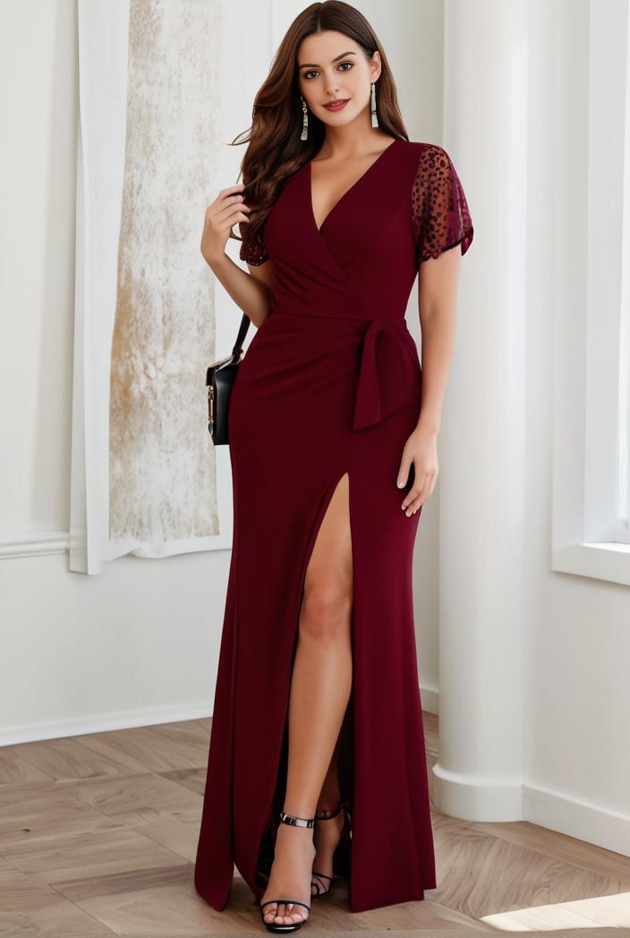 plus size front slit short sleeve with sequin mother of the bride dress 109442
