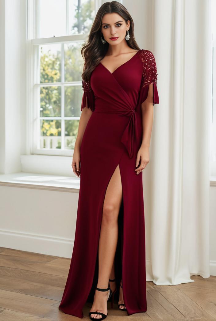plus size front slit short sleeve with sequin mother of the bride dress 109443