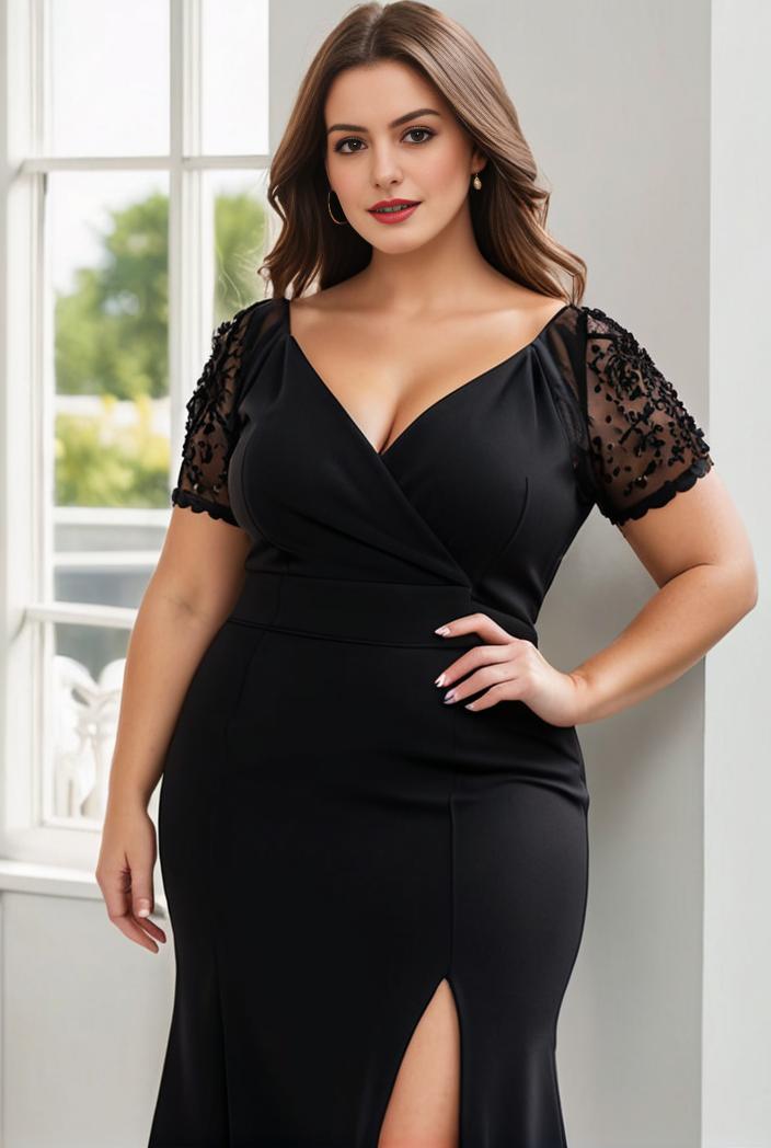 plus size front slit short sleeve with sequin mother of the bride dress 109464