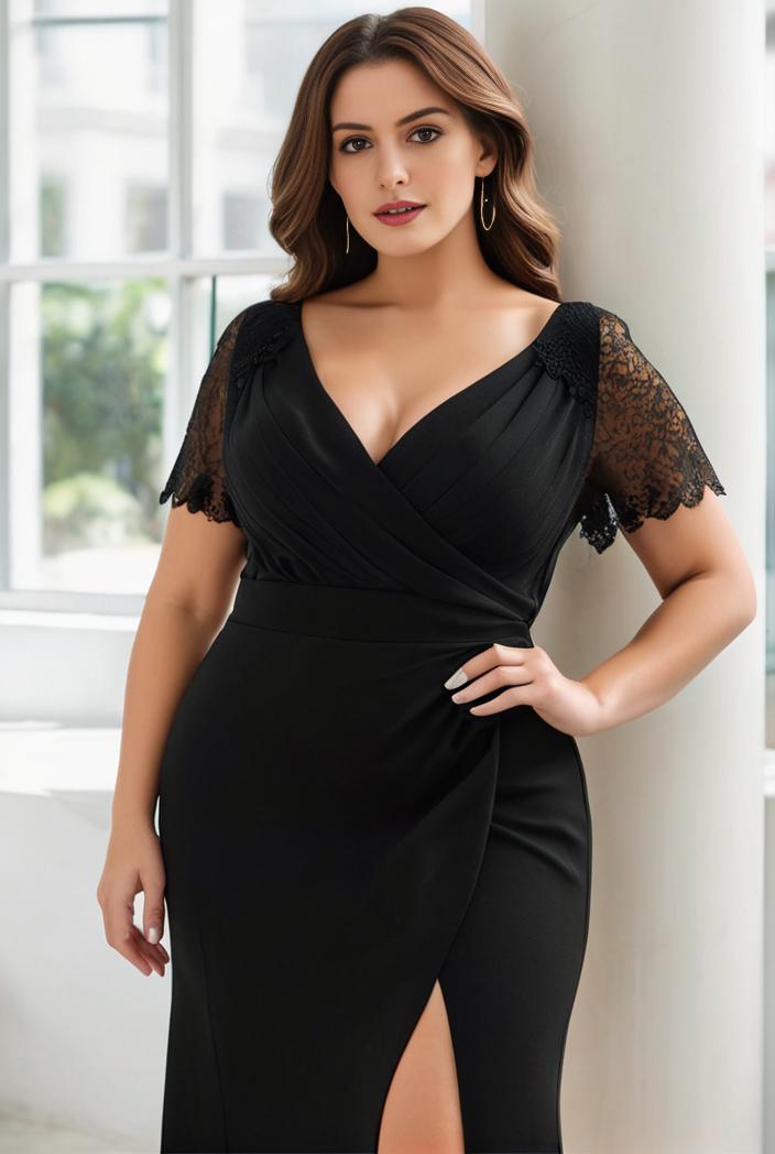 plus size front slit short sleeve with sequin mother of the bride dress 109463