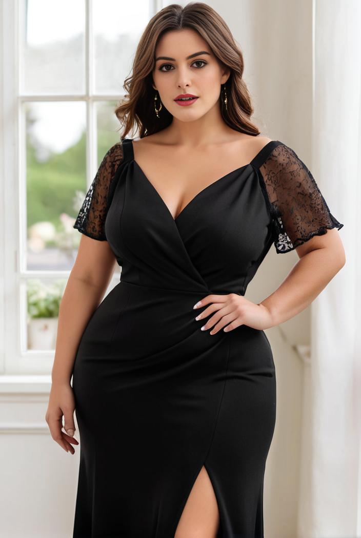 plus size front slit short sleeve with sequin mother of the bride dress 109465