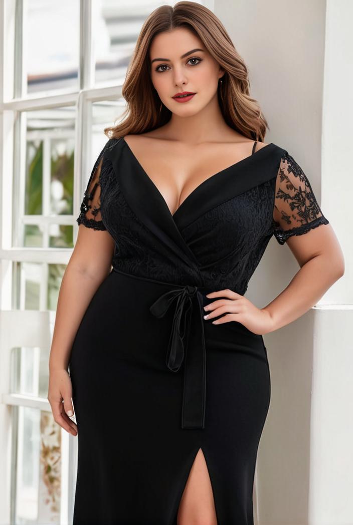 plus size front slit short sleeve with sequin mother of the bride dress 109466