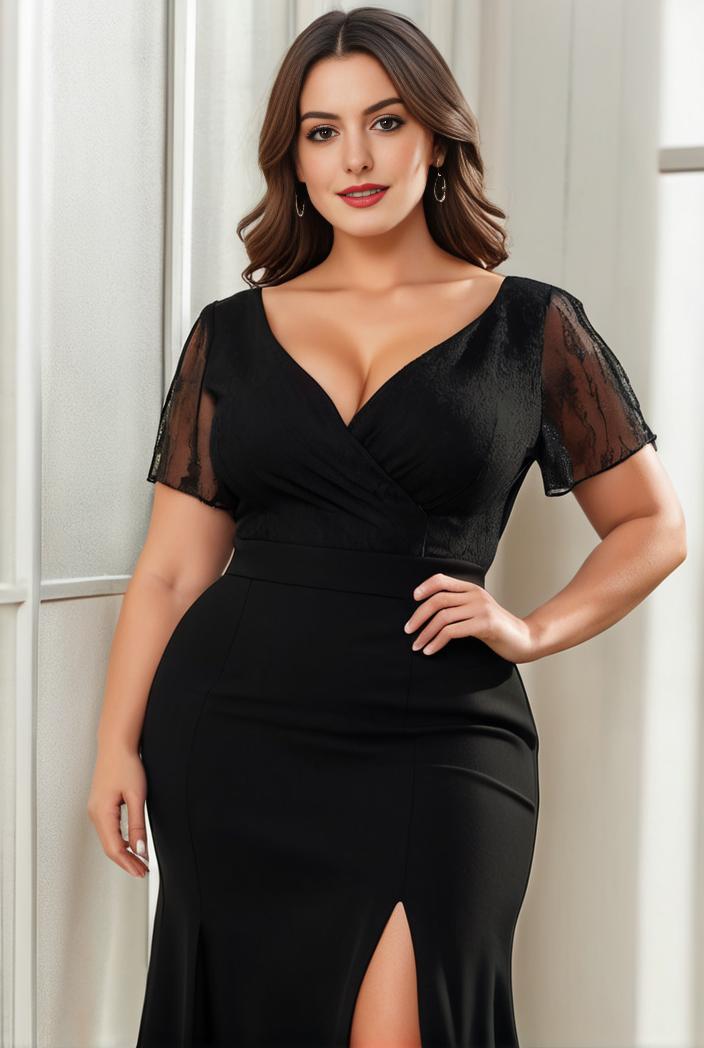 plus size front slit short sleeve with sequin mother of the bride dress 109467