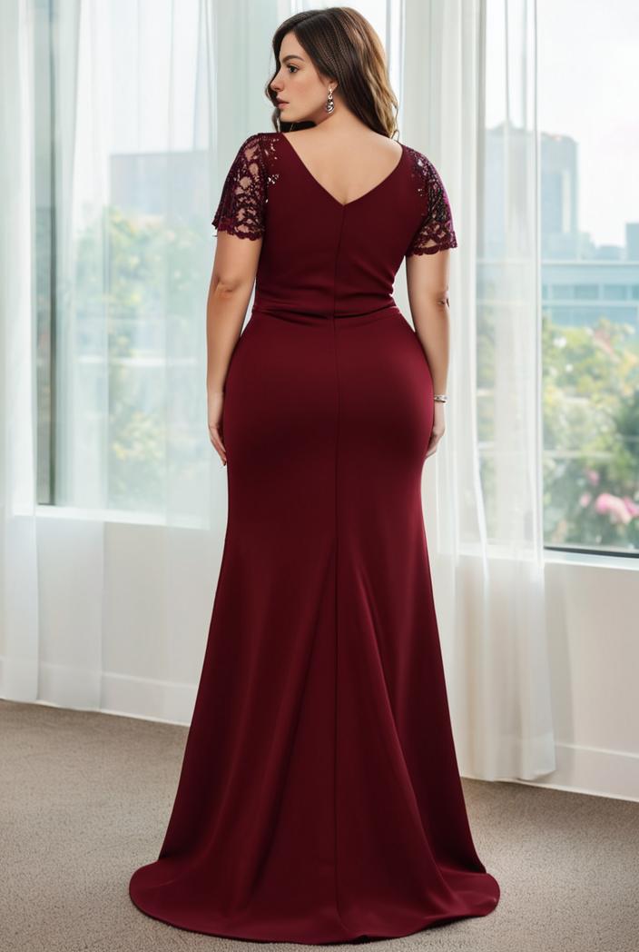 plus size front slit short sleeve with sequin mother of the bride dress 109472