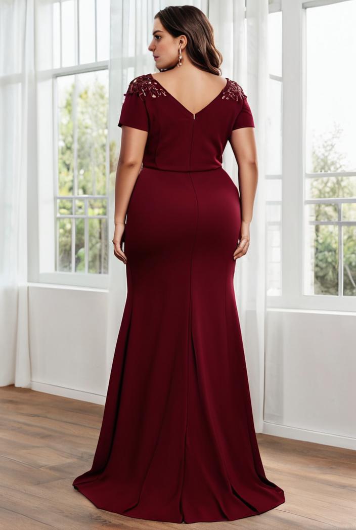 plus size front slit short sleeve with sequin mother of the bride dress 109473